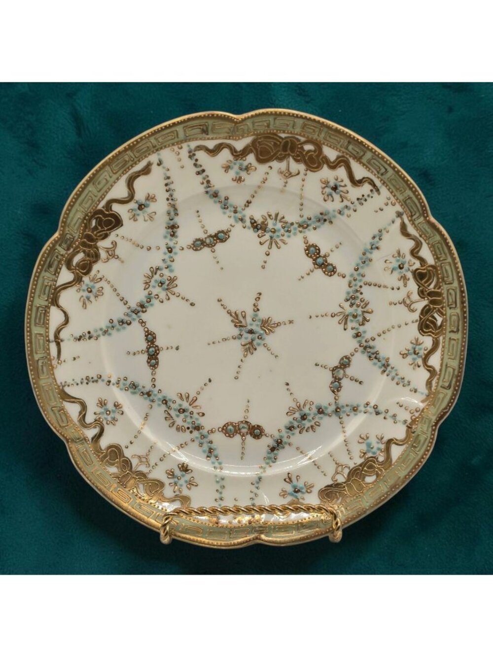 Antique Mikado Japan Decorative Plate Gold Greek Key Light Blue Hand-Painted Mor